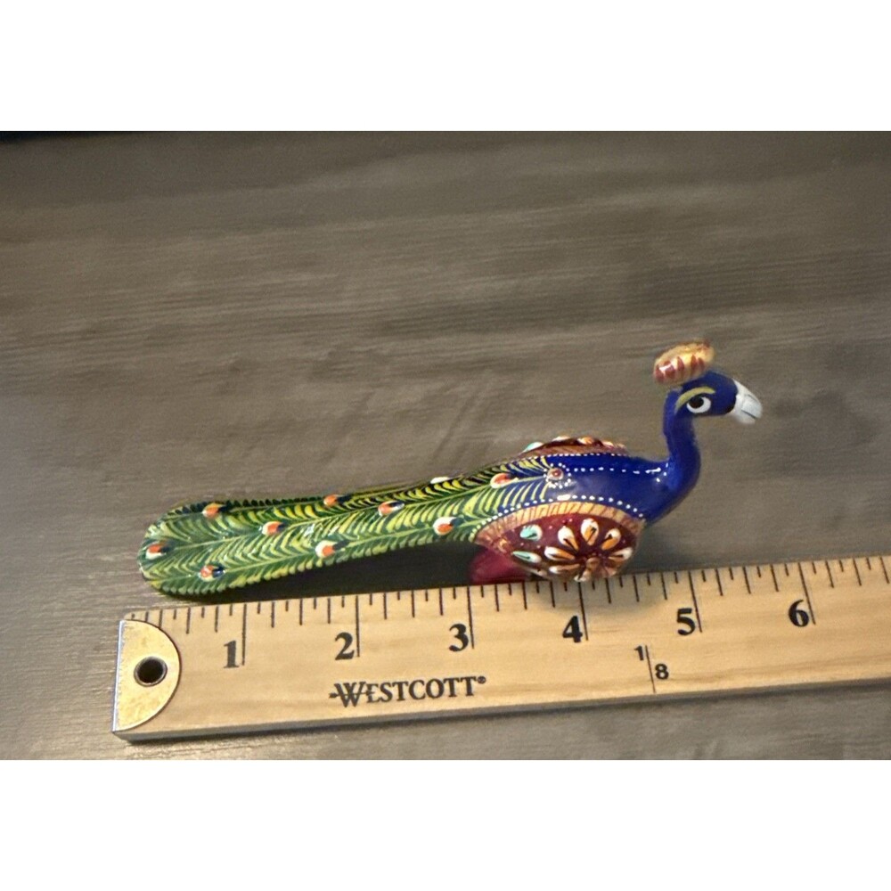 Hand Painted Metal Peacock Statue Folk Art Figurine 6" - Picture 10 of 11